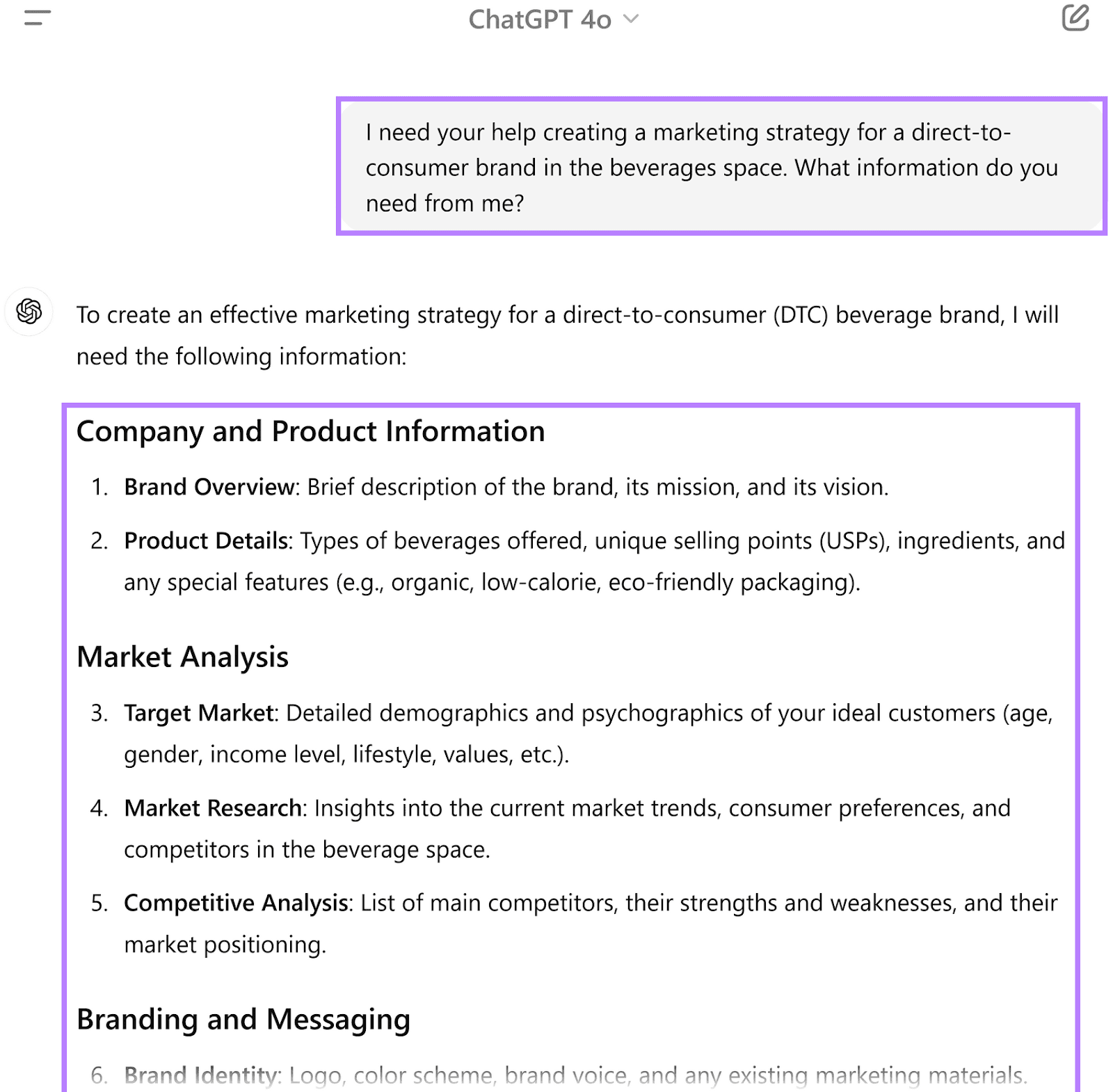 ChatGPT conversation about creating a marketing strategy with highlighted prompt and response