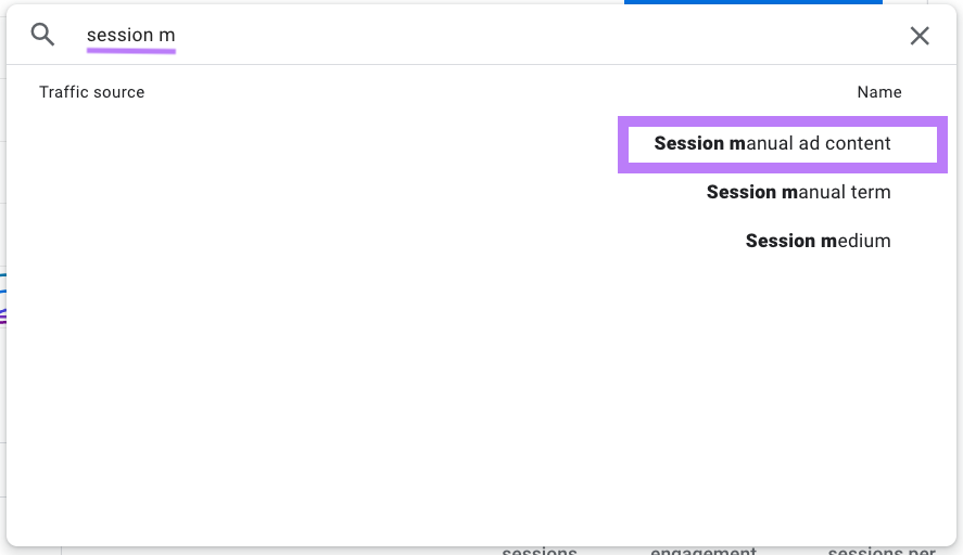 “Session manual ad content” selected under the search