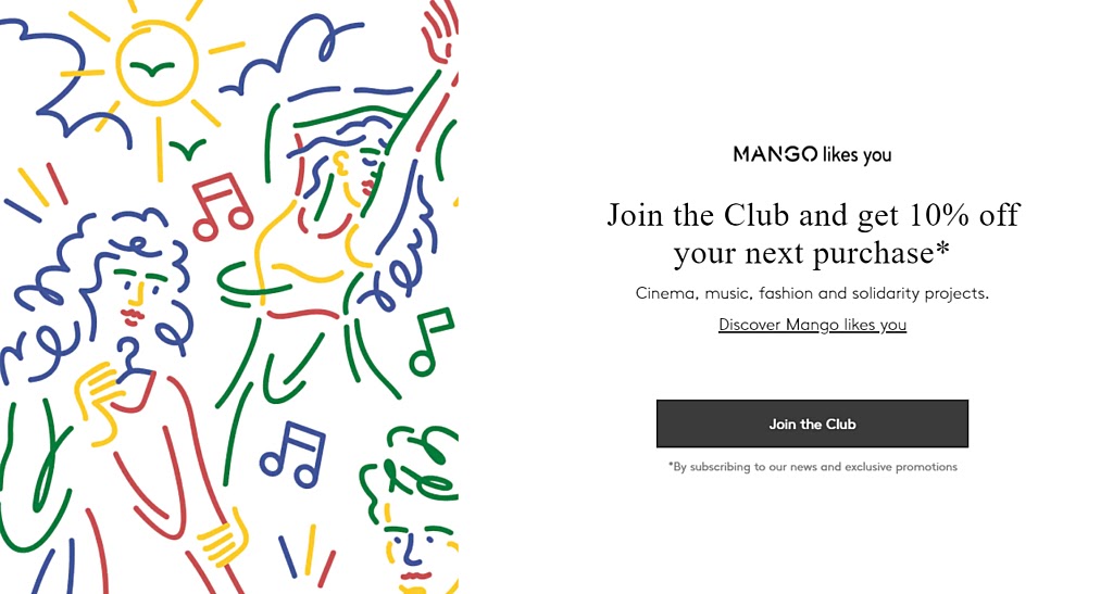 Mango offers new newsletter subscribers a 10% discount on their first order