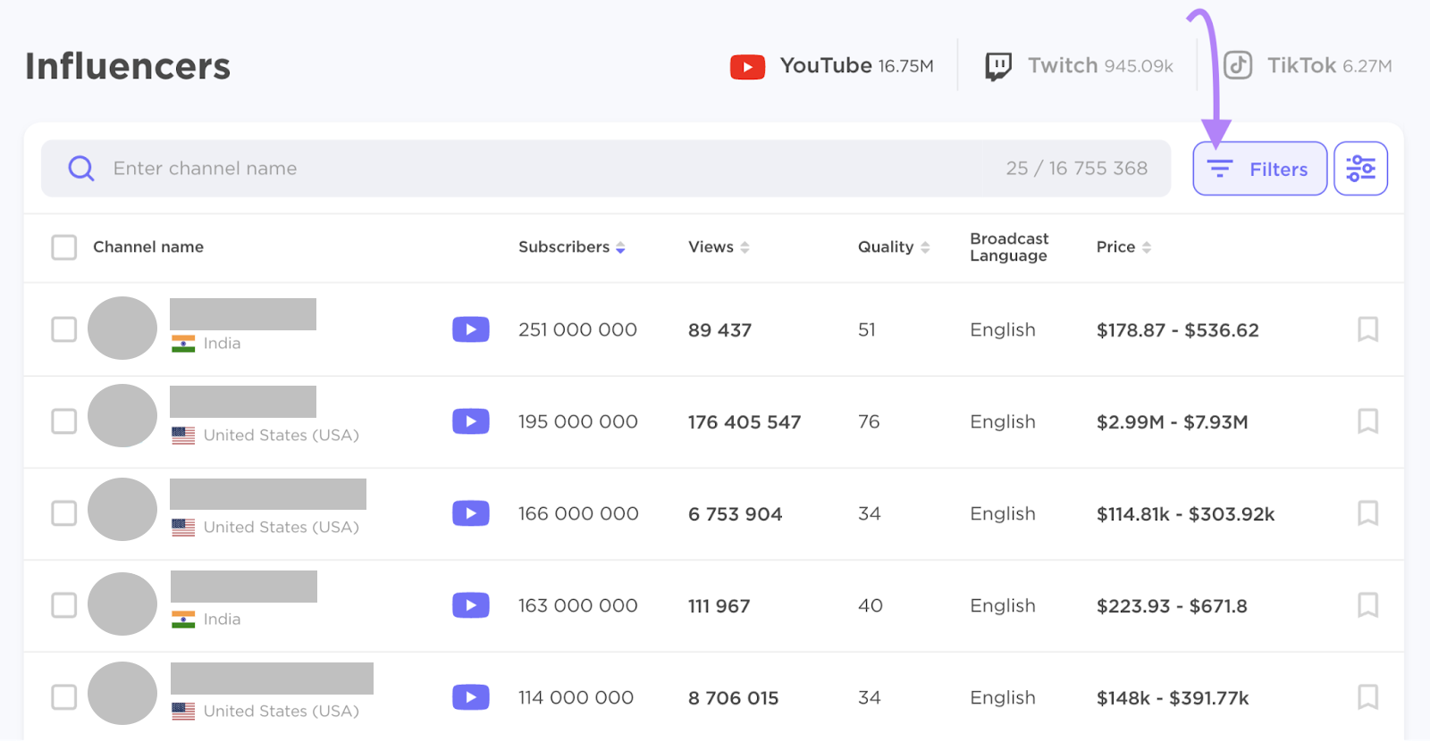 "Filters" fastener  successful  Influencer Analytics tool