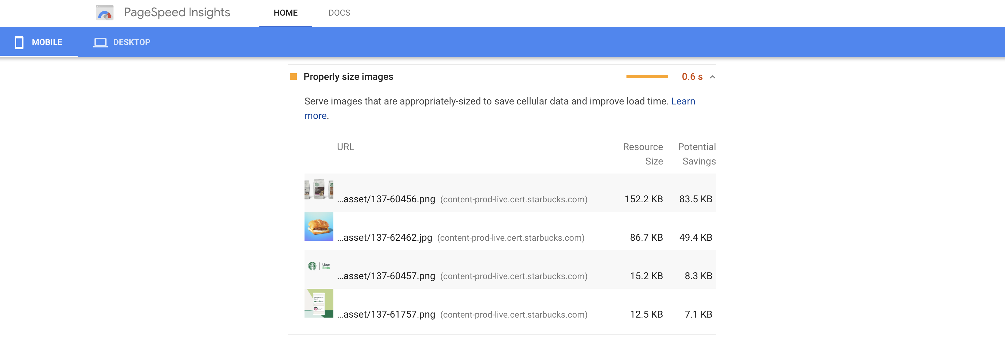google pagespeed insights images