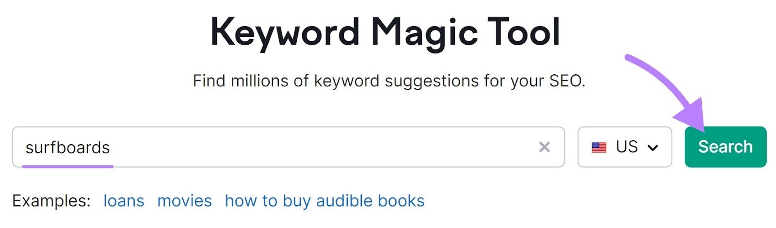 Searching for “surfboards” (US) in Keyword Magic Tool