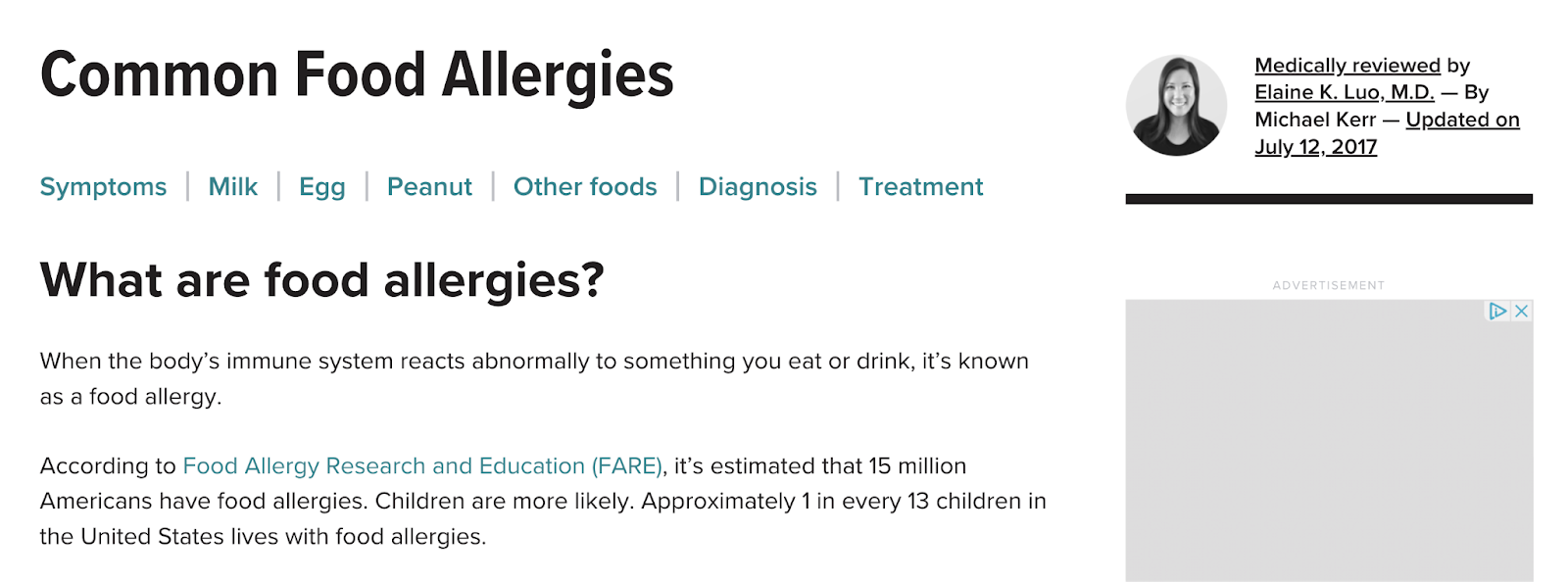 Une page intitulée : « Allergies alimentaires courantes »