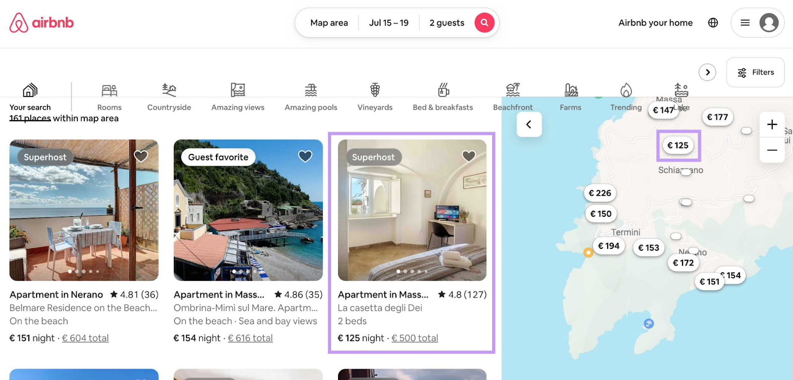 Airbnb homepage showing hunt  results for accommodations successful  Italy with a representation  connected  the broadside  showing the determination  and price.