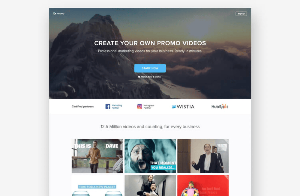 A high-conversion landing page by Promo with headline that reads "Create your own promo videos"