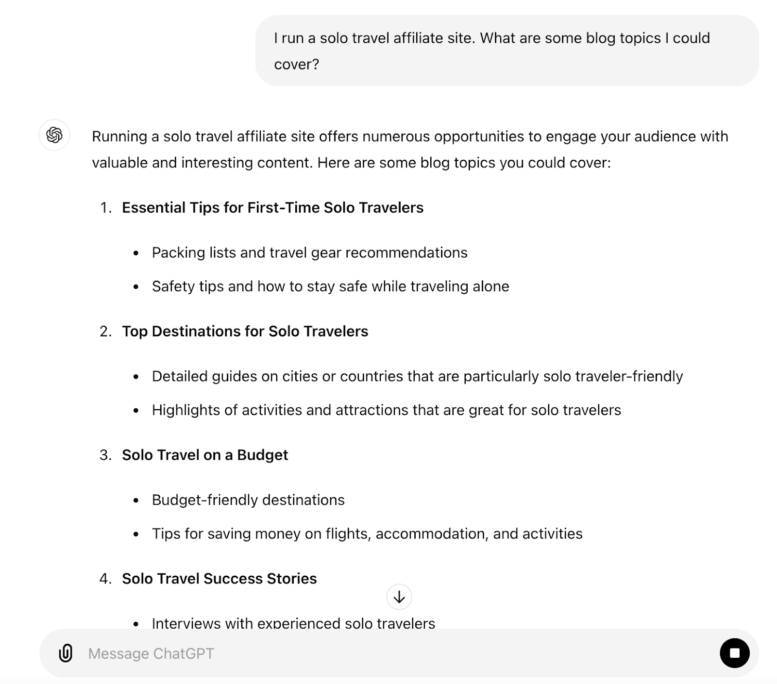 ChatGPT chat screen with prompt: "I run a solo travel affiliate site. What are some blog topics I could cover?" alongside answer generated by AI