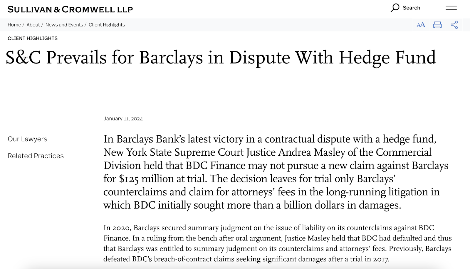 A case study that reads "S&C Prevails for Barclays in Dispute With Hedge Fund"