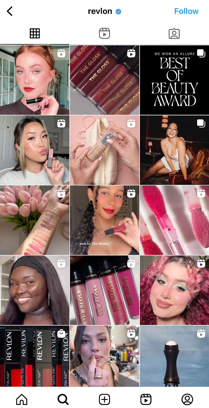 Revlon's posts on Instagram include videos, stories posts, and live sessions