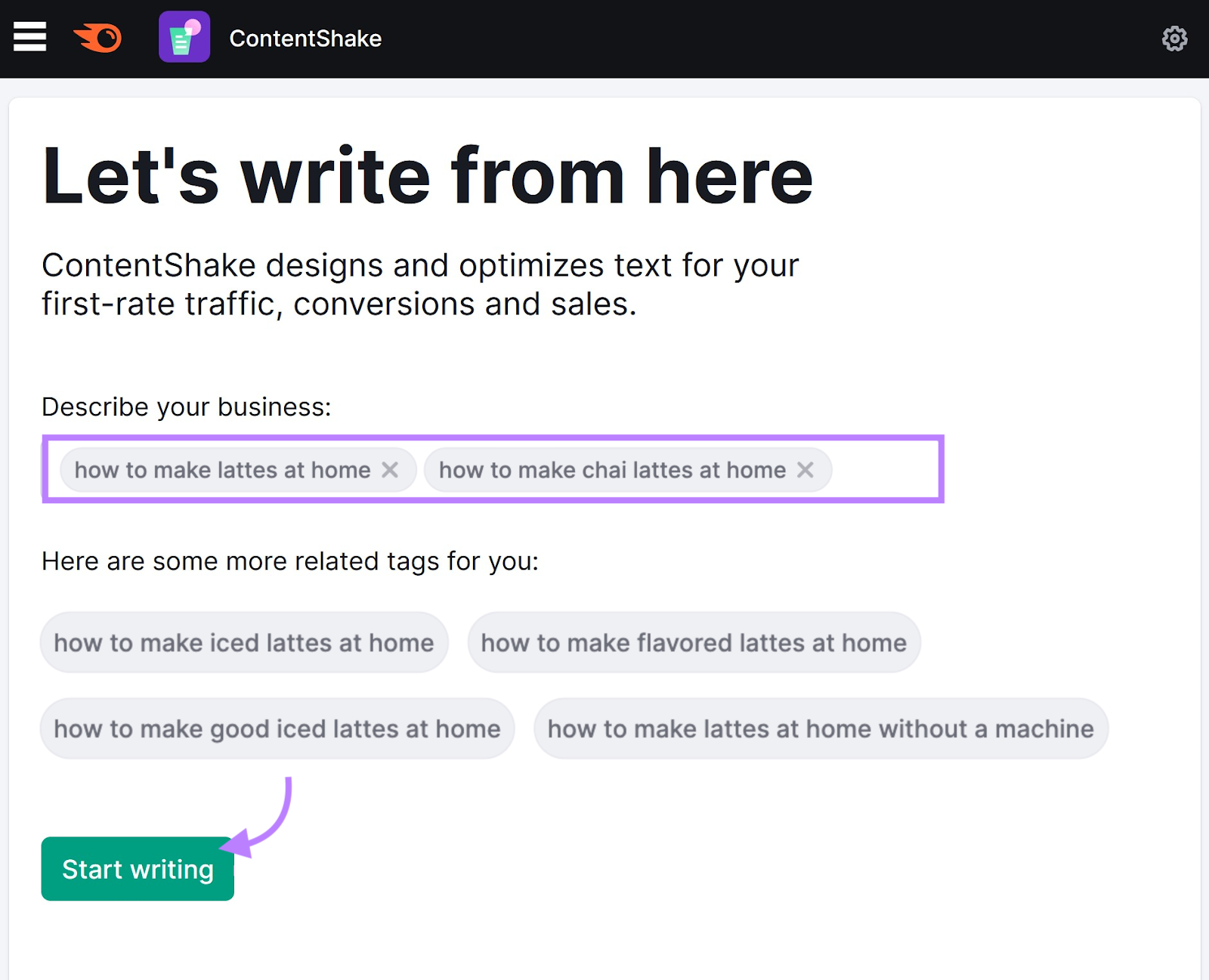 "Let's write from here" section in ContentShake AI