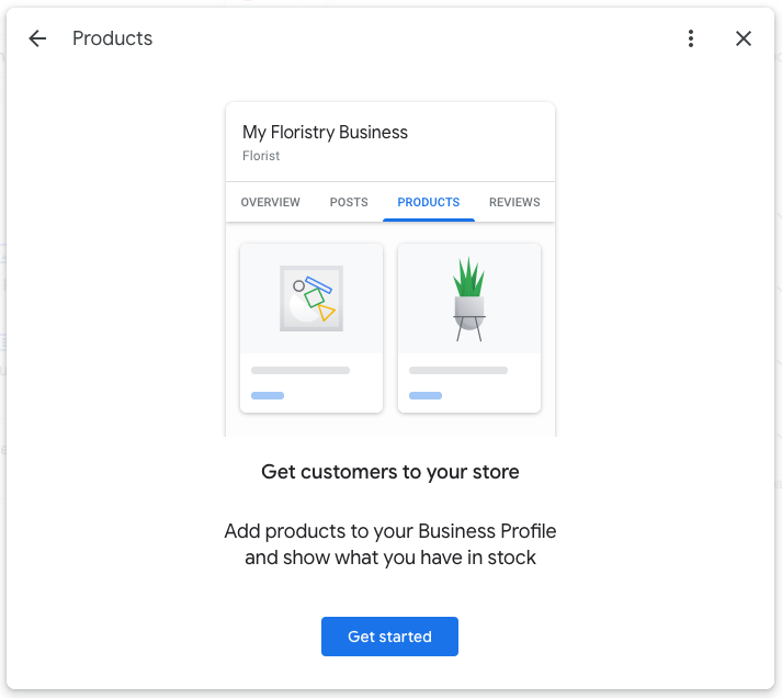 "Products" popup window with a blue "Get started" button
