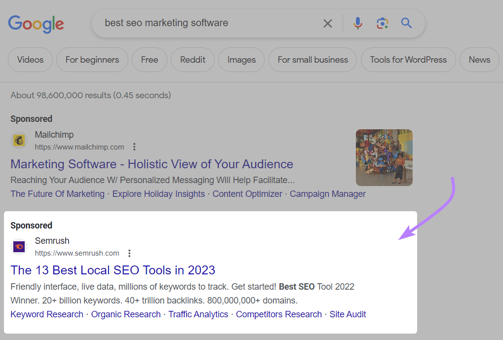 An example of PPC ad from Semrush
