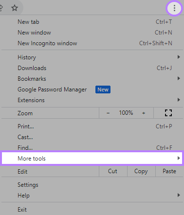 “More tools" selected from the Chrome drop-down menu