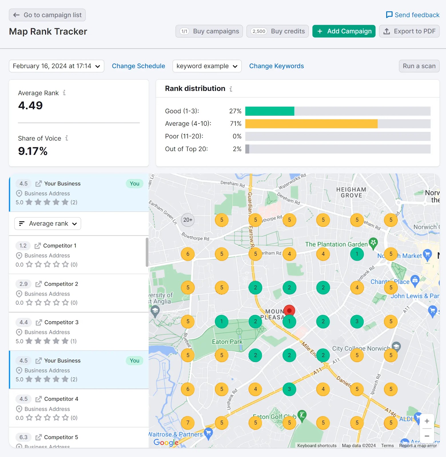 Map Rank Tracker tool interface showing rankings for a business and its competitors on a map.
