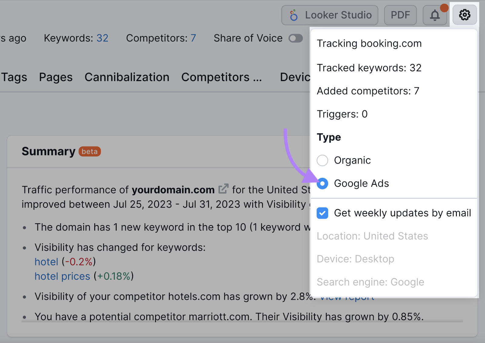 select "Google Ads" as type in the Position Tracking tool to see data related to the keywords you’re bidding on in your PPC campaigns