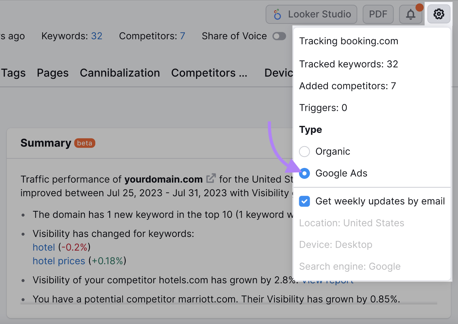 PPCキャンペーンで入札しているキーワードに関連するデータを見るには、ポジション追跡ツールのタイプとして「Google広告」を選択します。