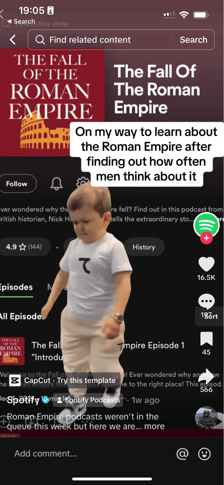 Spotify's TikTok post about Roman Empire podcasts