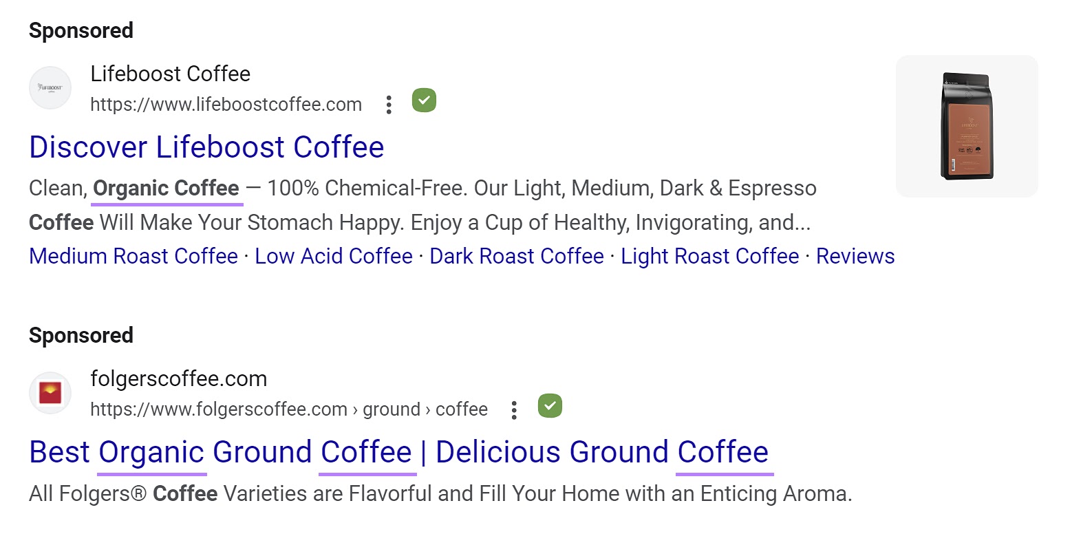 Google ads showing for the "organic coffee" query