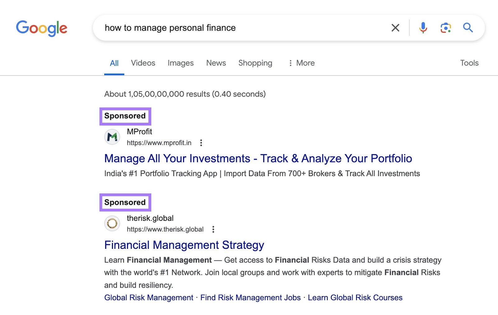 native ads on a Google search engine results page