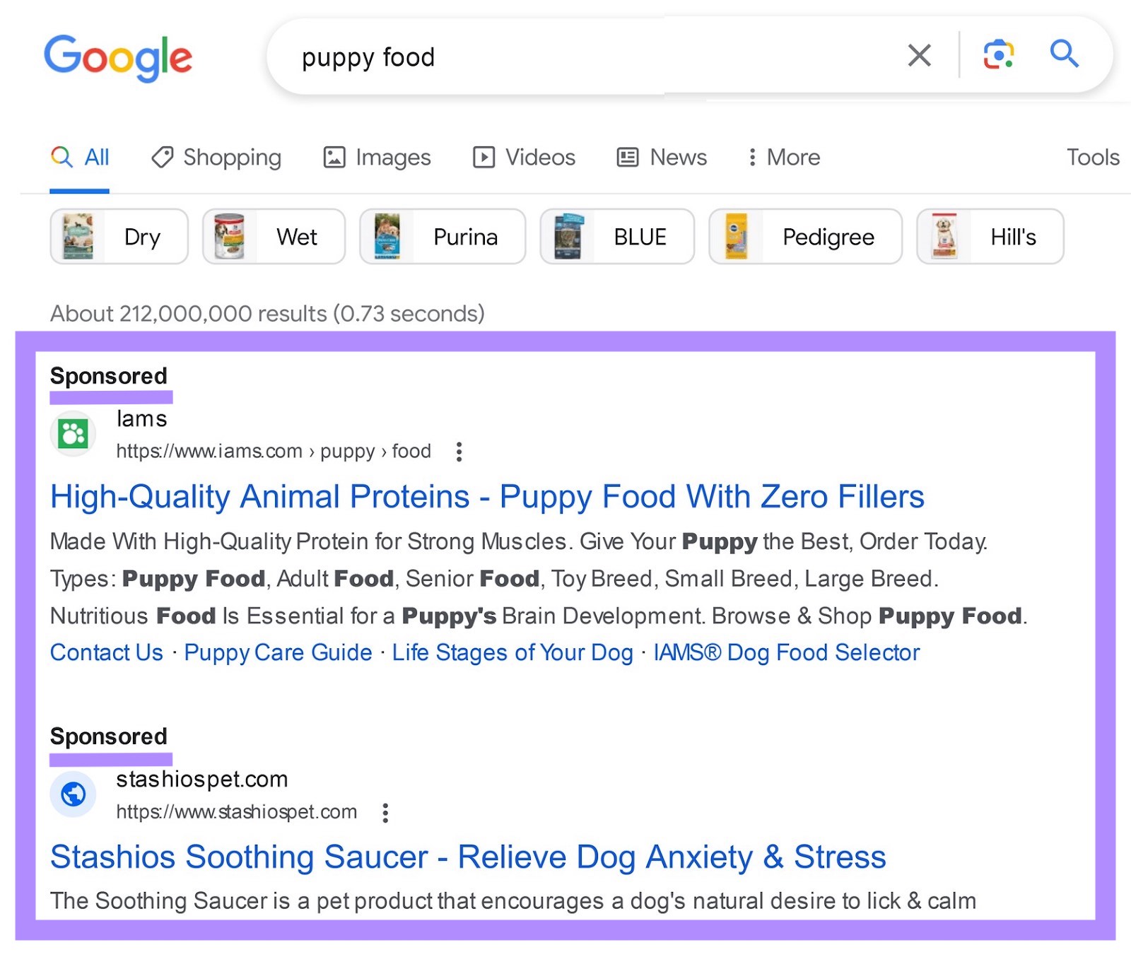 A search ad on Google SERP for "puppy food" query