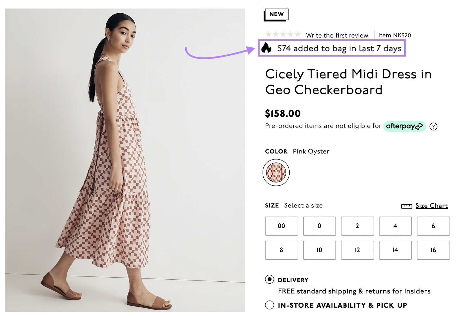 Madewell's product listing showing a message "574 added to bag in last 7 days"