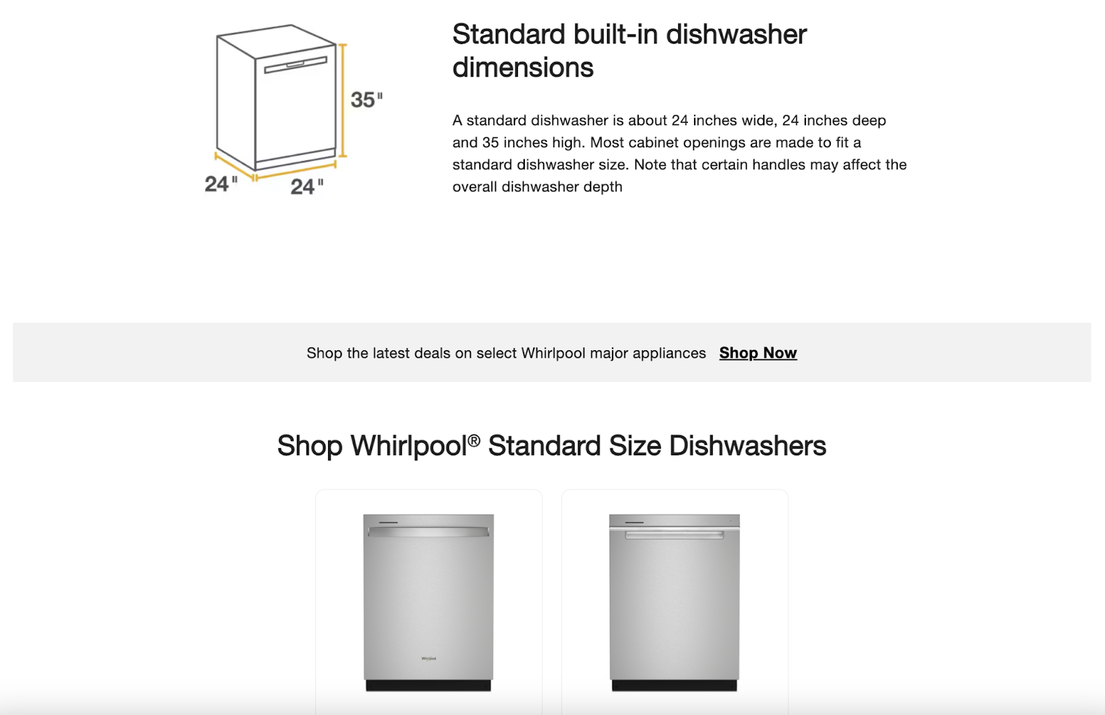 Whirlpool webpage with modular  built-in dishwasher dimensions and buying  section