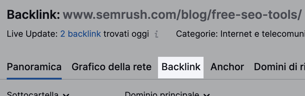 La scheda Backlink del tool di Semrush