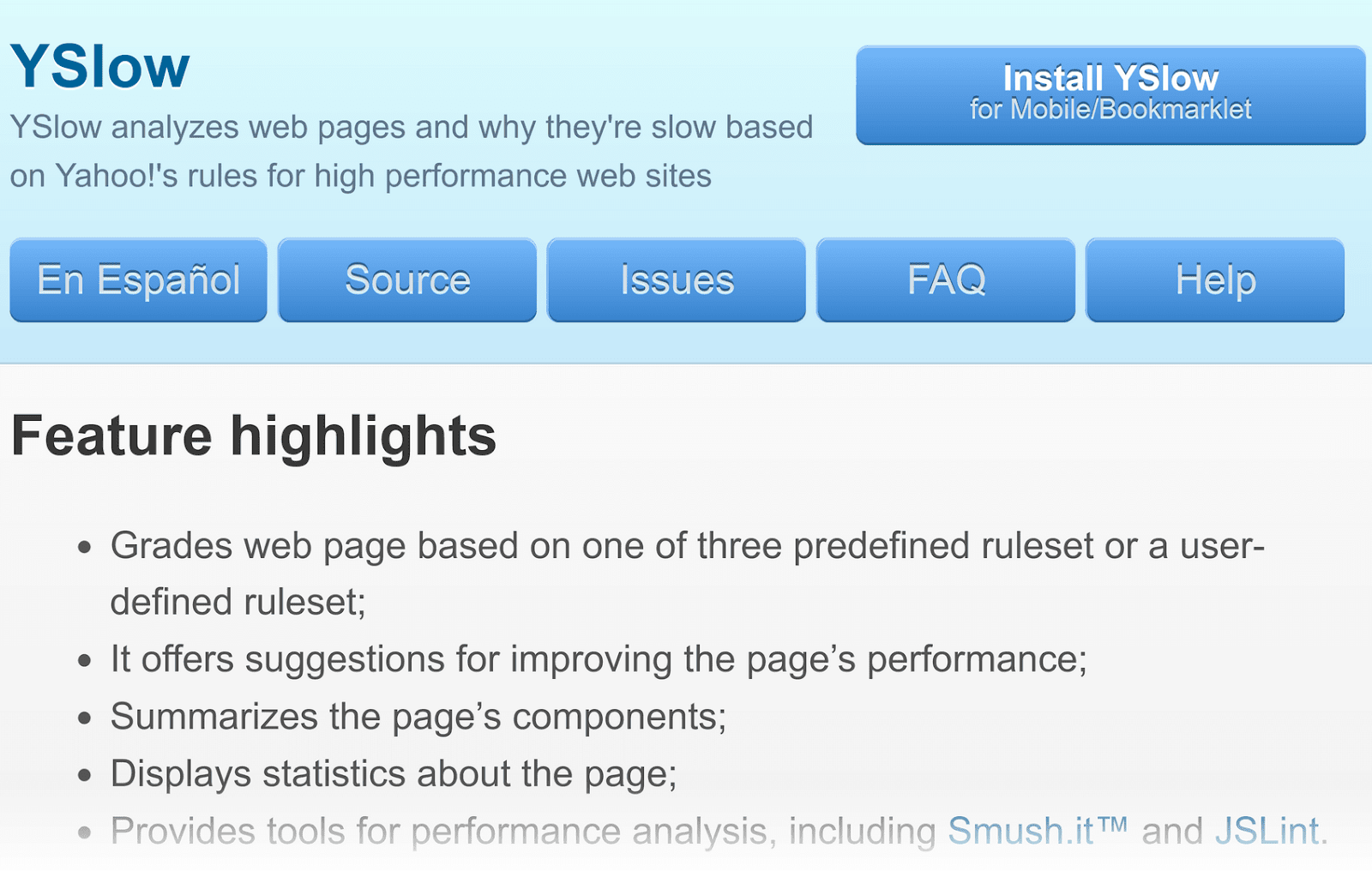 YSlow homepage with information about a tool which analyzes web pages based on Yahoo's rules for high performance.