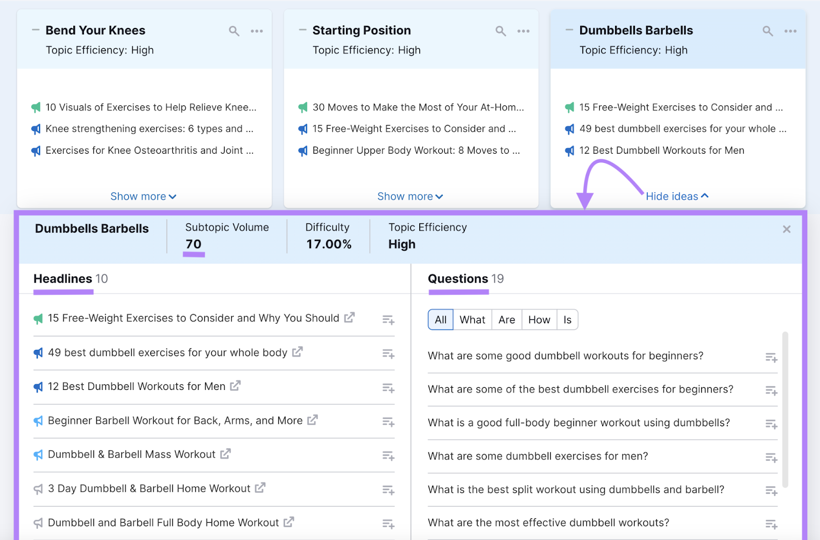 A Guide to Content Calendars (+ Free Templates for Making One) 8 Expanded topic idea card with headlines and questions highlighted