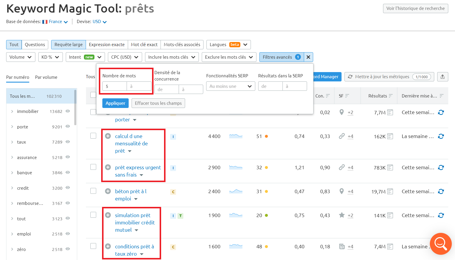 Semrush Keyword Magic Tool filtre plus de 5 mots