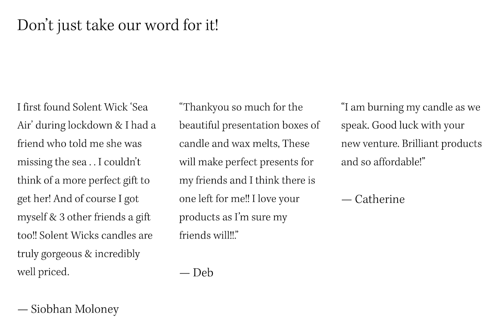 an example of a page from U.K. candle maker Solent Wick titled "Don’t just take our word for it!"