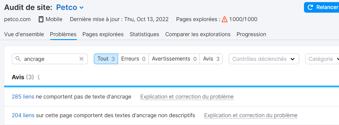 Audit de site, onglet Problèmes, problèmes d'ancrage
