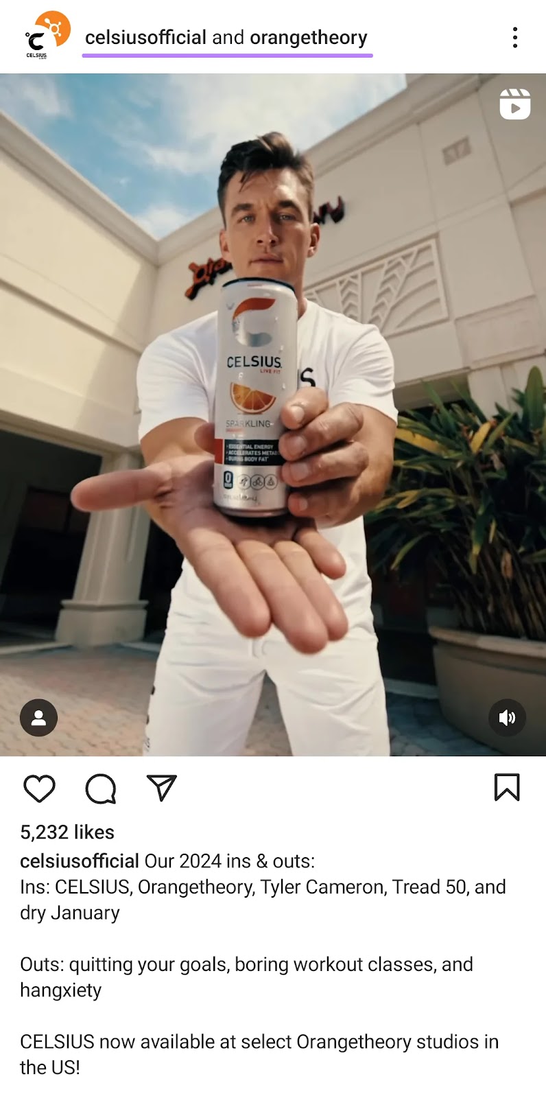 Celsius Instagram reel featuring a cross-promotion with Orangetheory