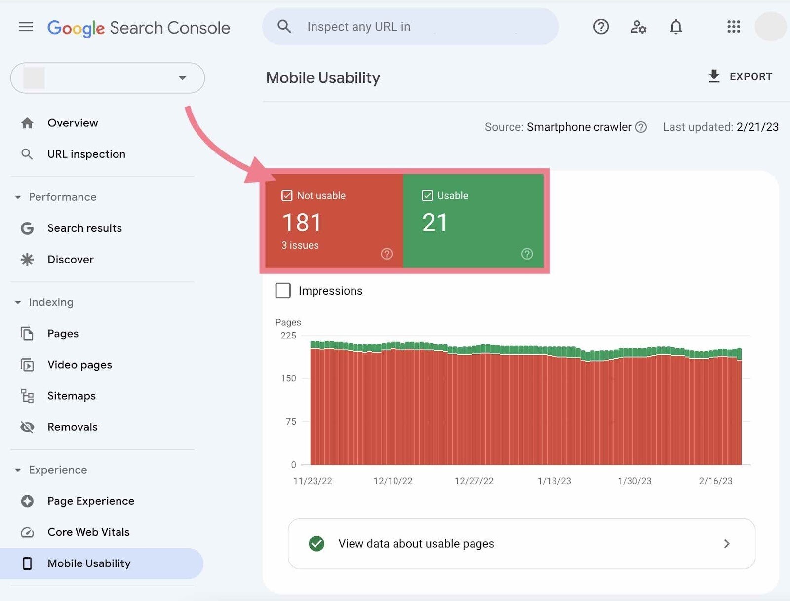 non usable and usable pages in Mobile Usability report