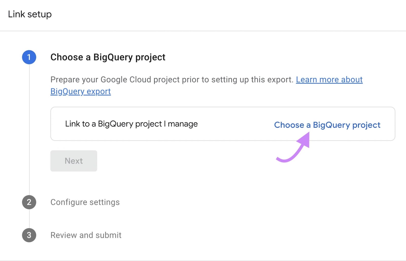 “Choose a BigQuery project" selected under "Link setup" section