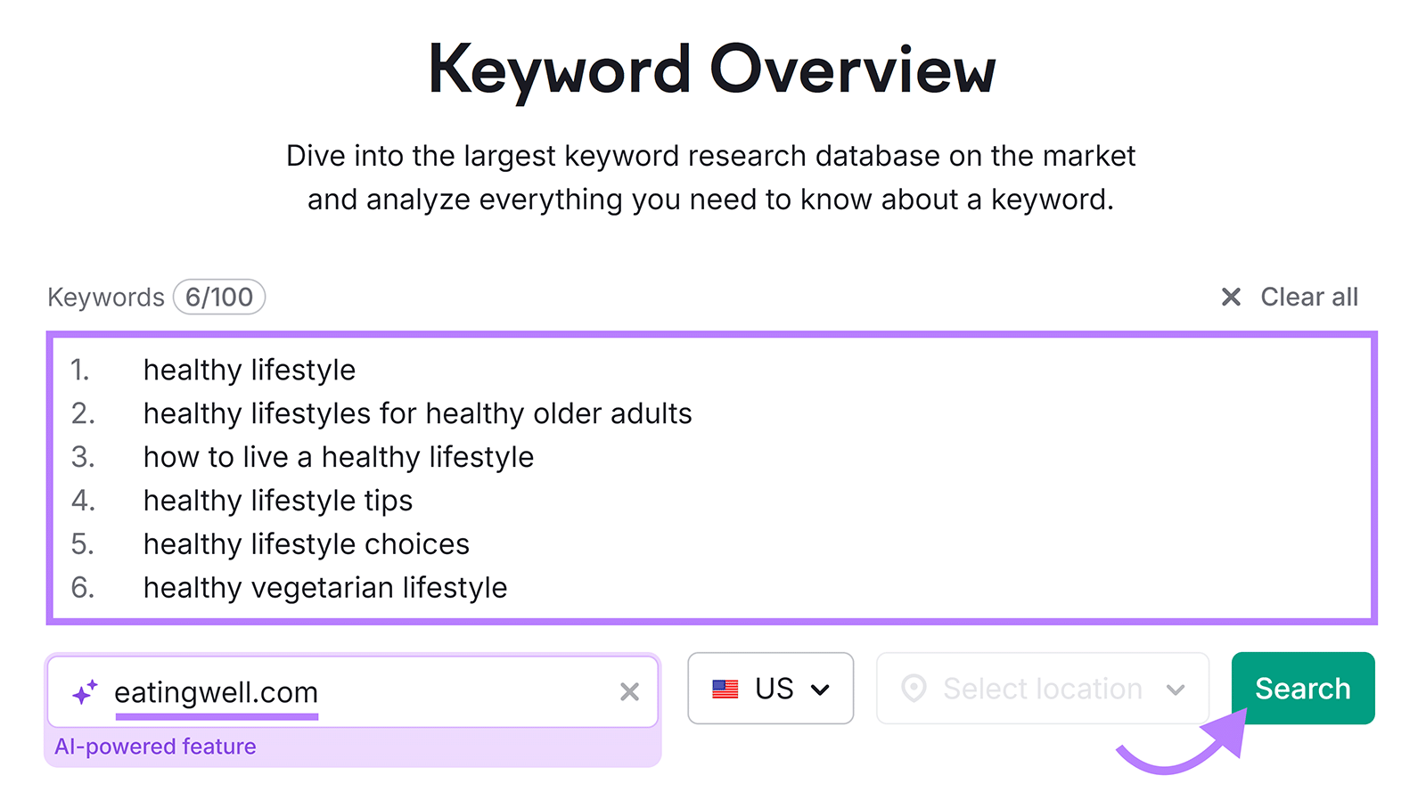 Keyword Overview tool start with keywords and domain entered and arrow pointing to Search button