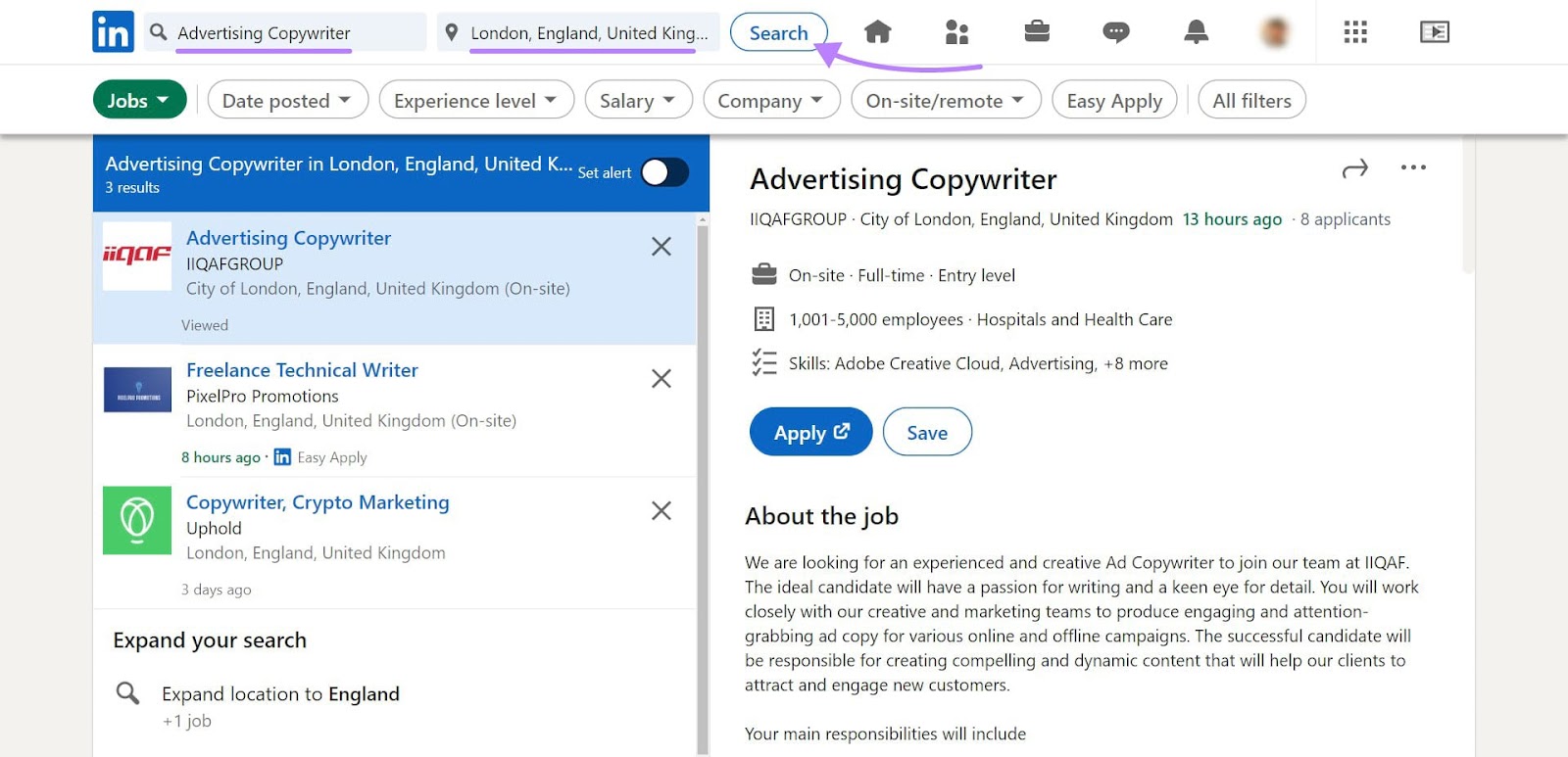 A job search for “advertising copywriter” on LinkedIn