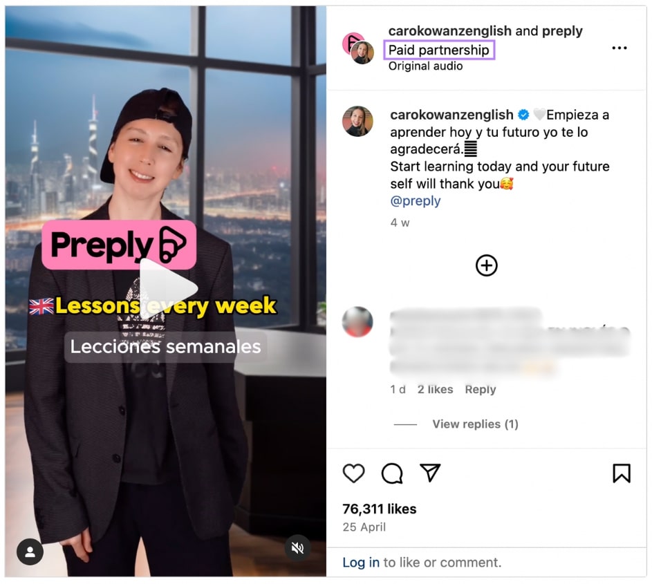 Instagram video by Carolina Kowanz advertizing  Preply with her dressed arsenic  a chill  English learner alongside comments