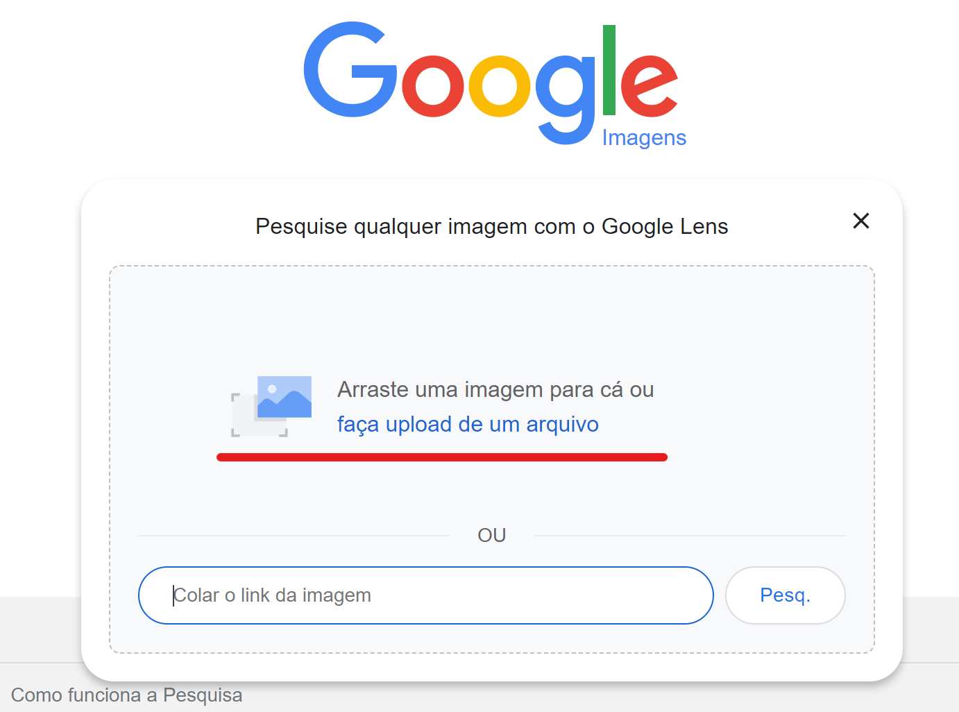 pesquisa reversa de imagens - opção de arrastar ou fazer upload da imagem no google