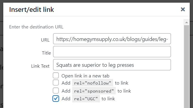 "Insert/edit link" window of the ALL in One SEO tool with the "Add rel='UGC' to link" box checked