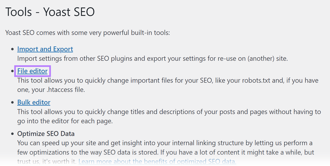 Yoast SEO WordPress plugin option to edit files.