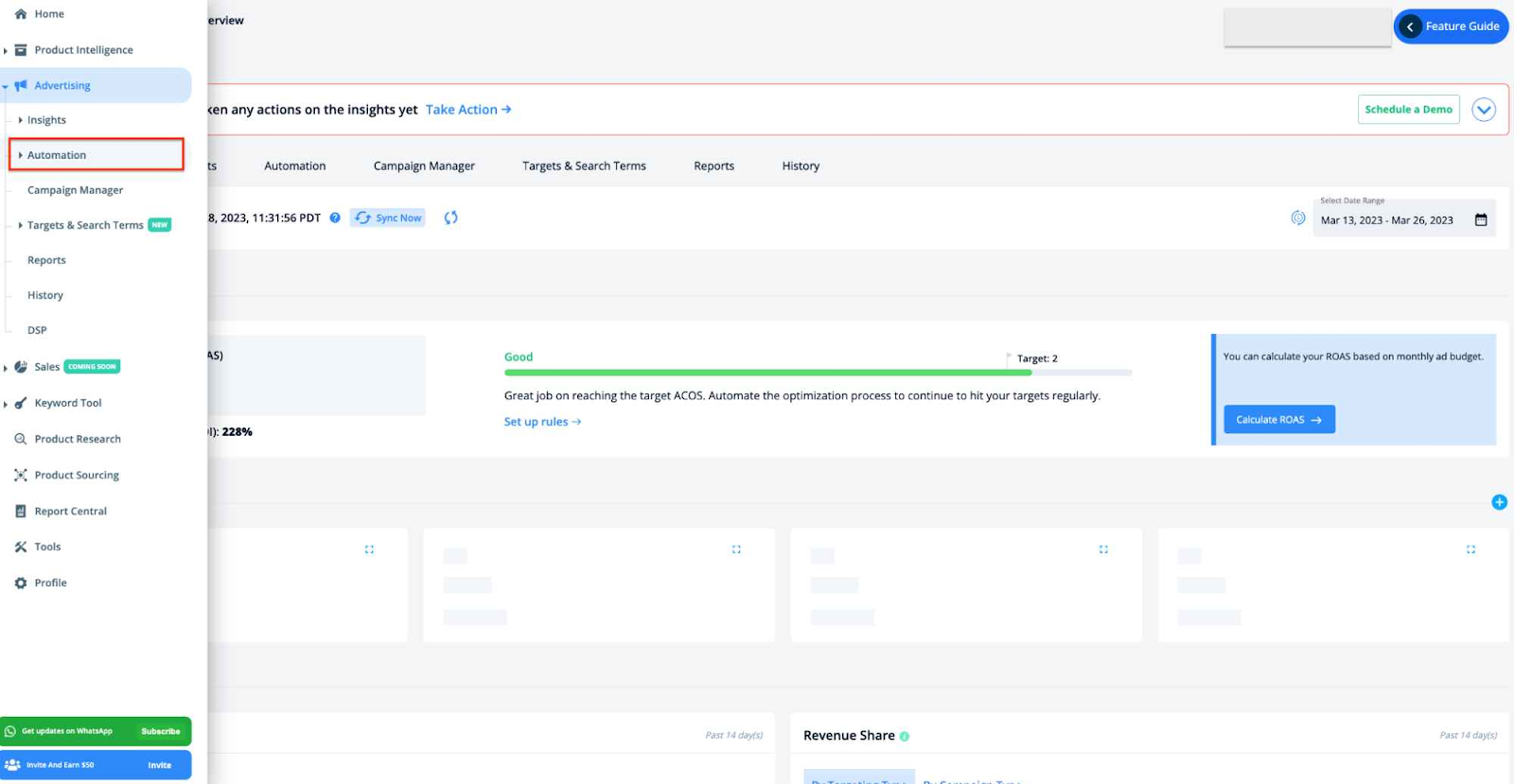 SellerApp dashboard with Automation paper   point  highlighted