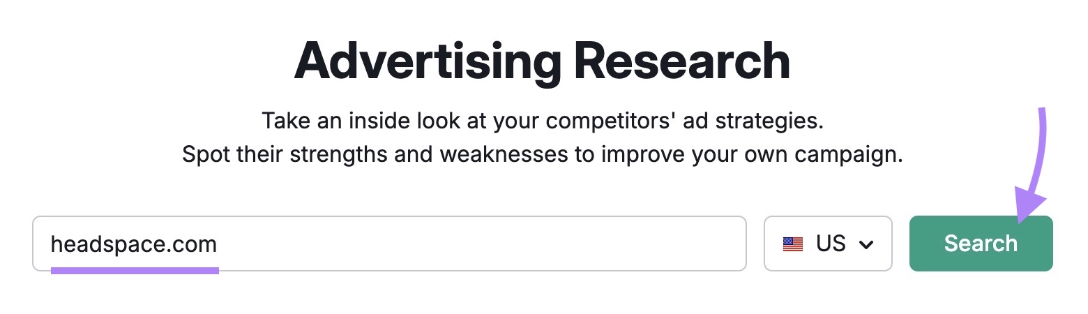 Advertising Research tool start with "headspace.com" entered and "Search" clicked.