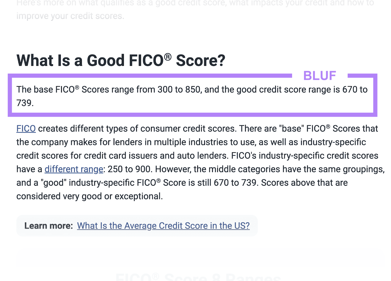 Content about "What Is a Good FICO Score?" with the BLUF highlighted
