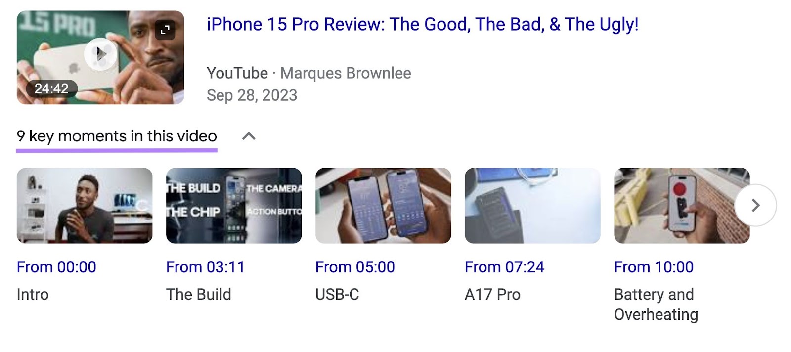 "9 key moments in this video" shown in Google SERP under Marques Brownlee's video