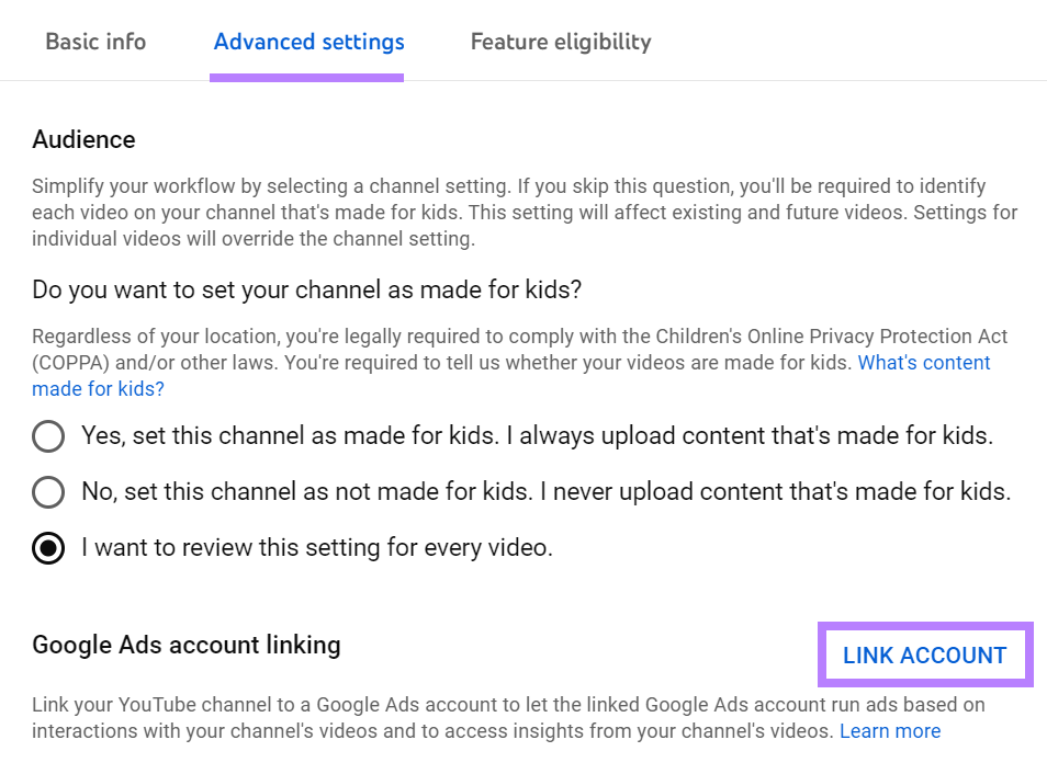 “Google Ads account linking" section in YouTube Studio advanced settings
