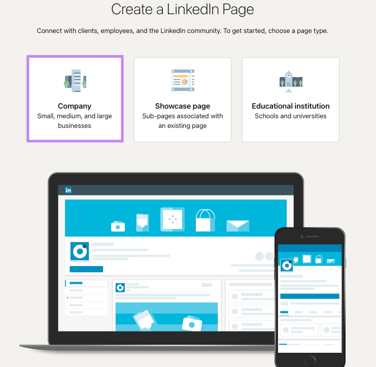 Create a LinkedIn page with company option highlighted above an illustrative smartphone and laptop screen display