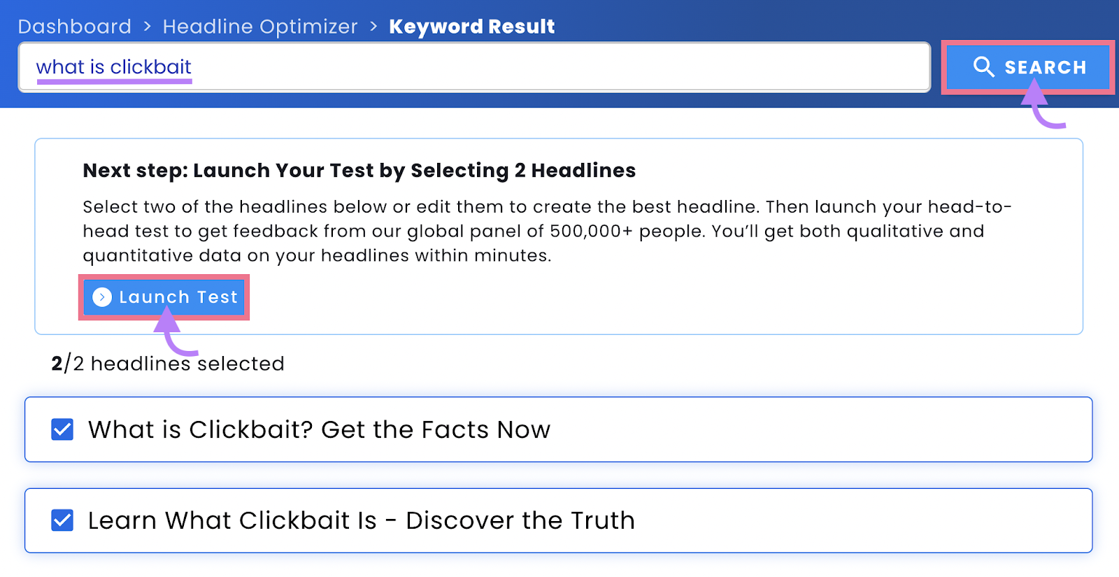 Choose two suggested headlines in Headline Optimizer tool