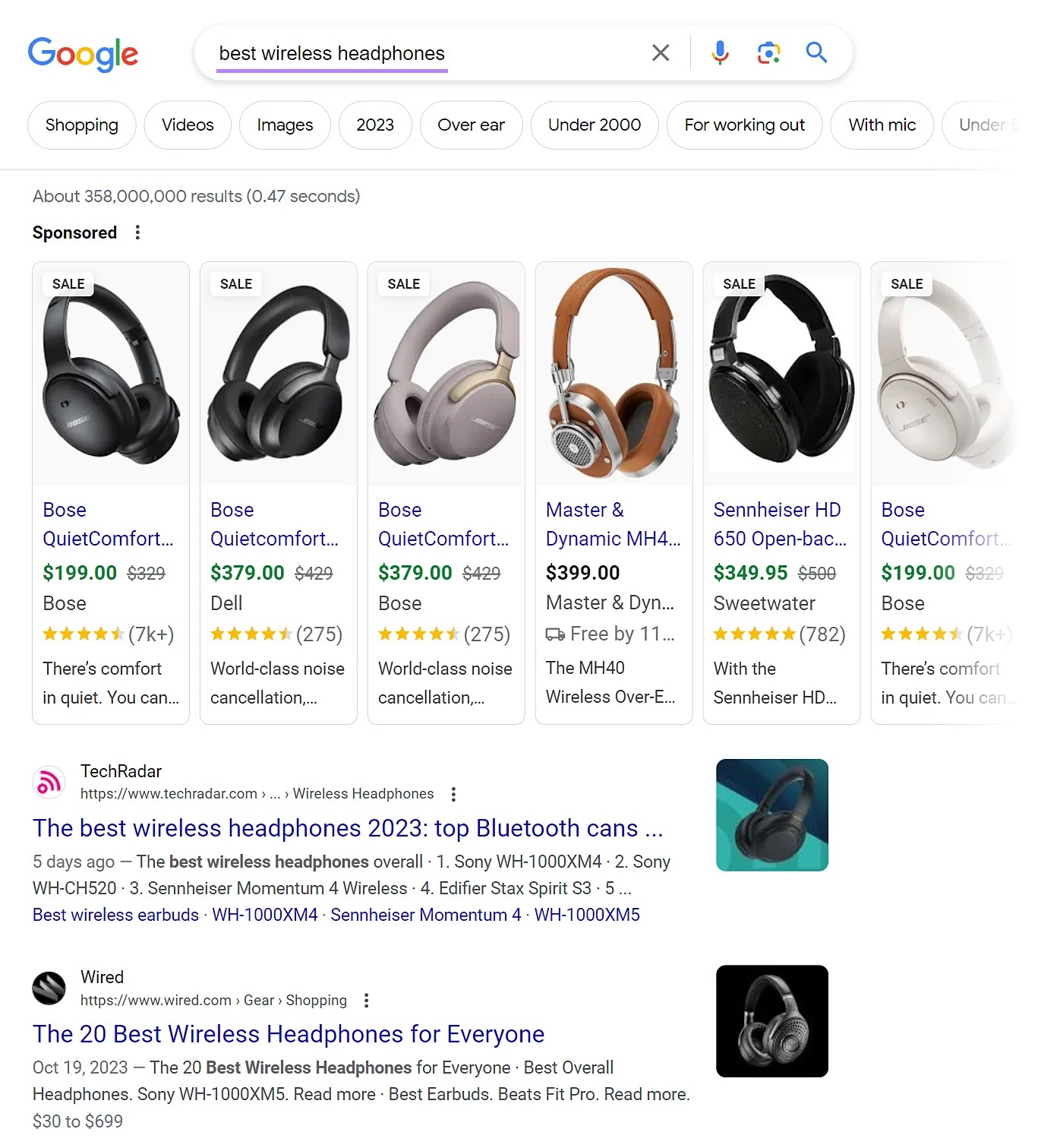 Google SERP for “best wireless headphones” query