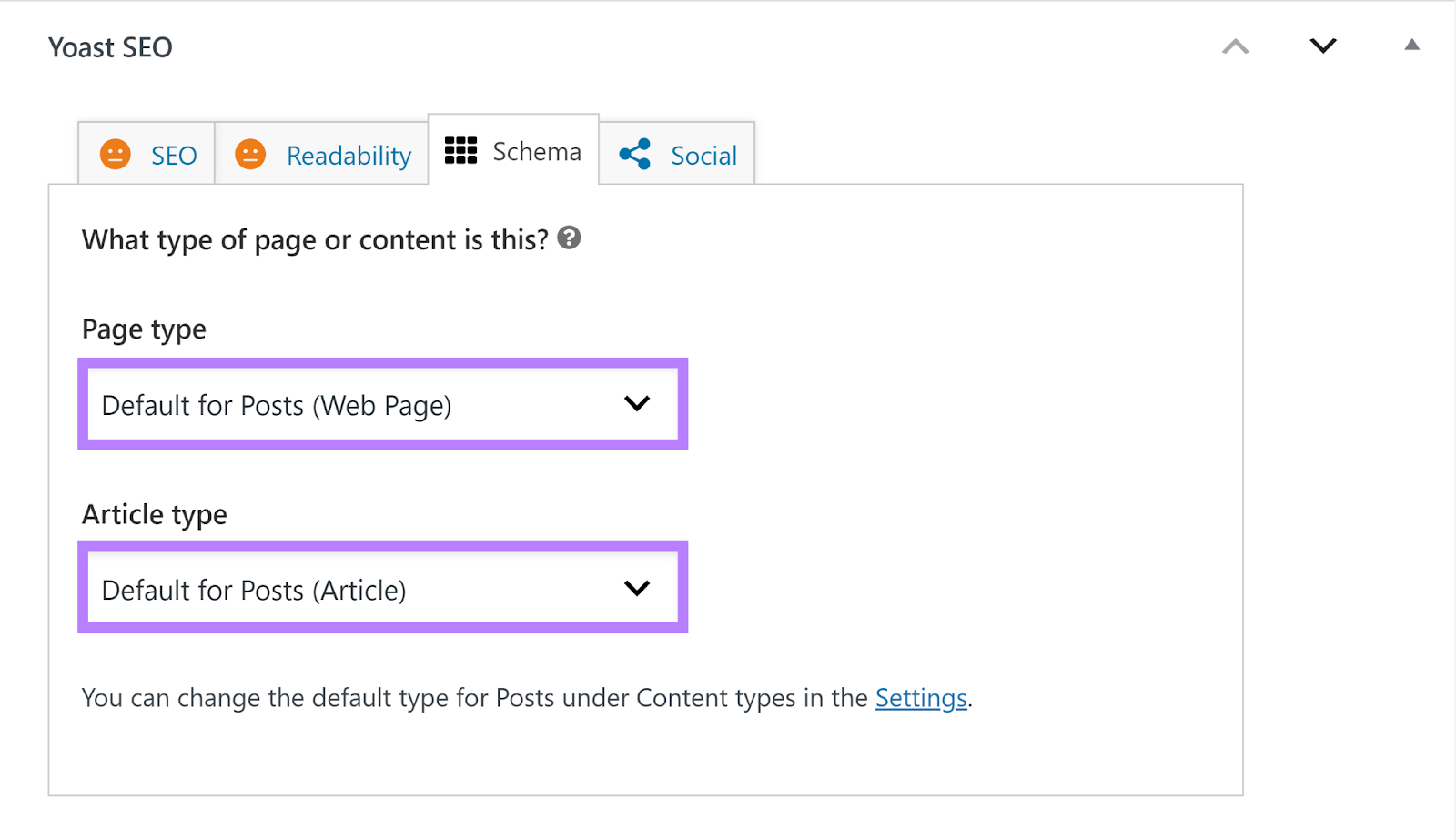 “Schema” tab and “Page type” and “Article type” drop-downs in the Yoast section in WordPress’s post editor