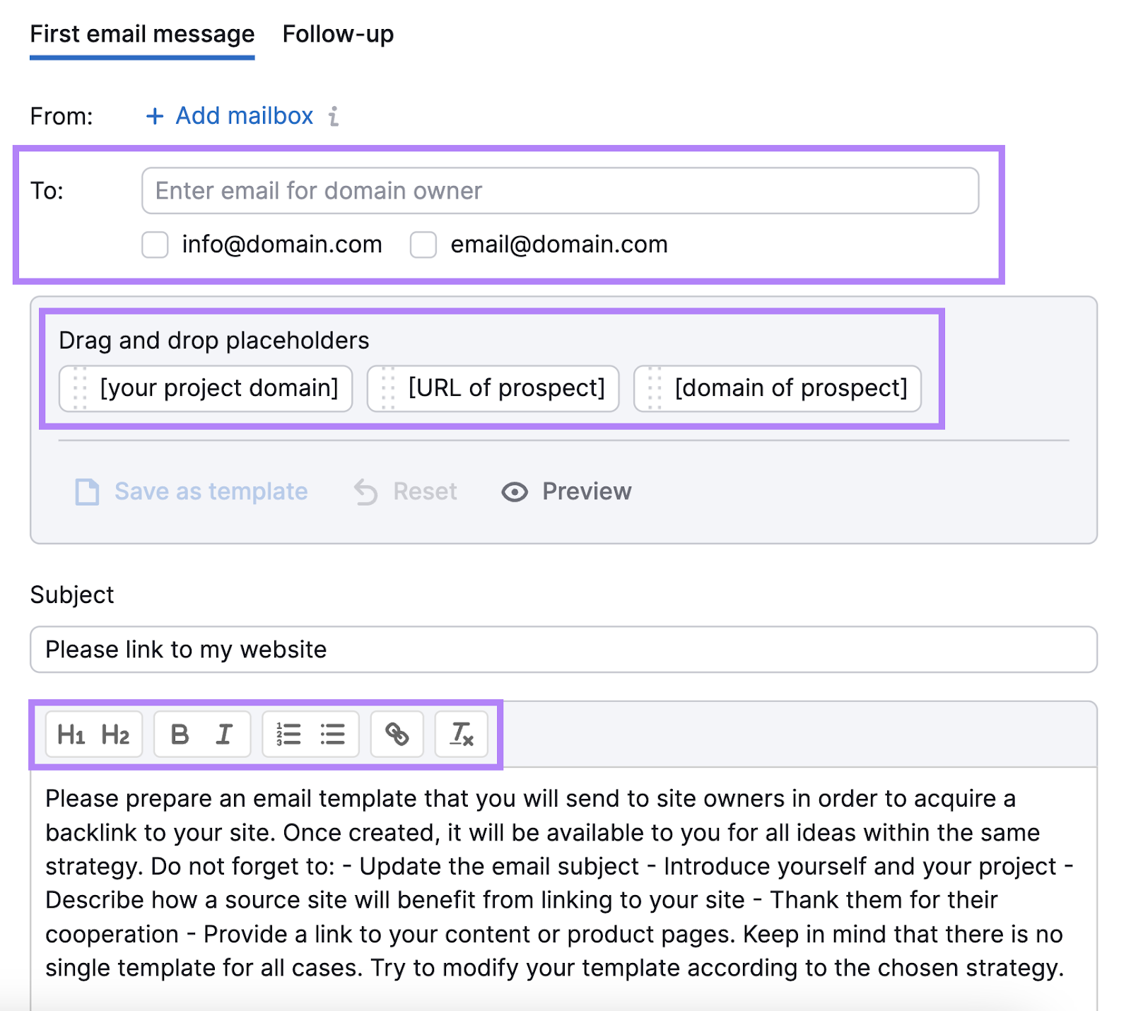 Customization options in an email builder in Link Building Tool